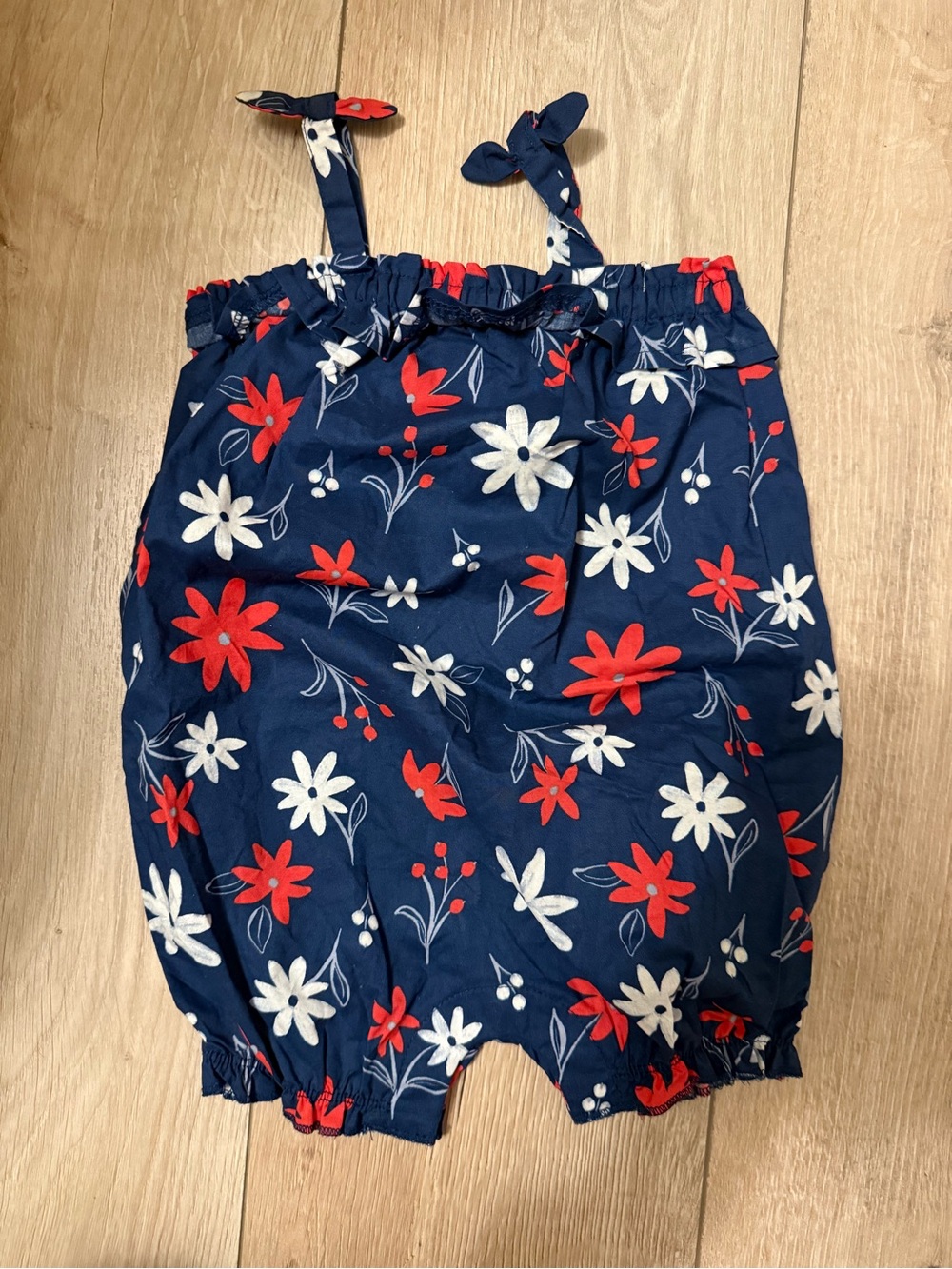 Carter's Navy Floral Tie-Shoulder Romper with Red & White Blooms 12 months